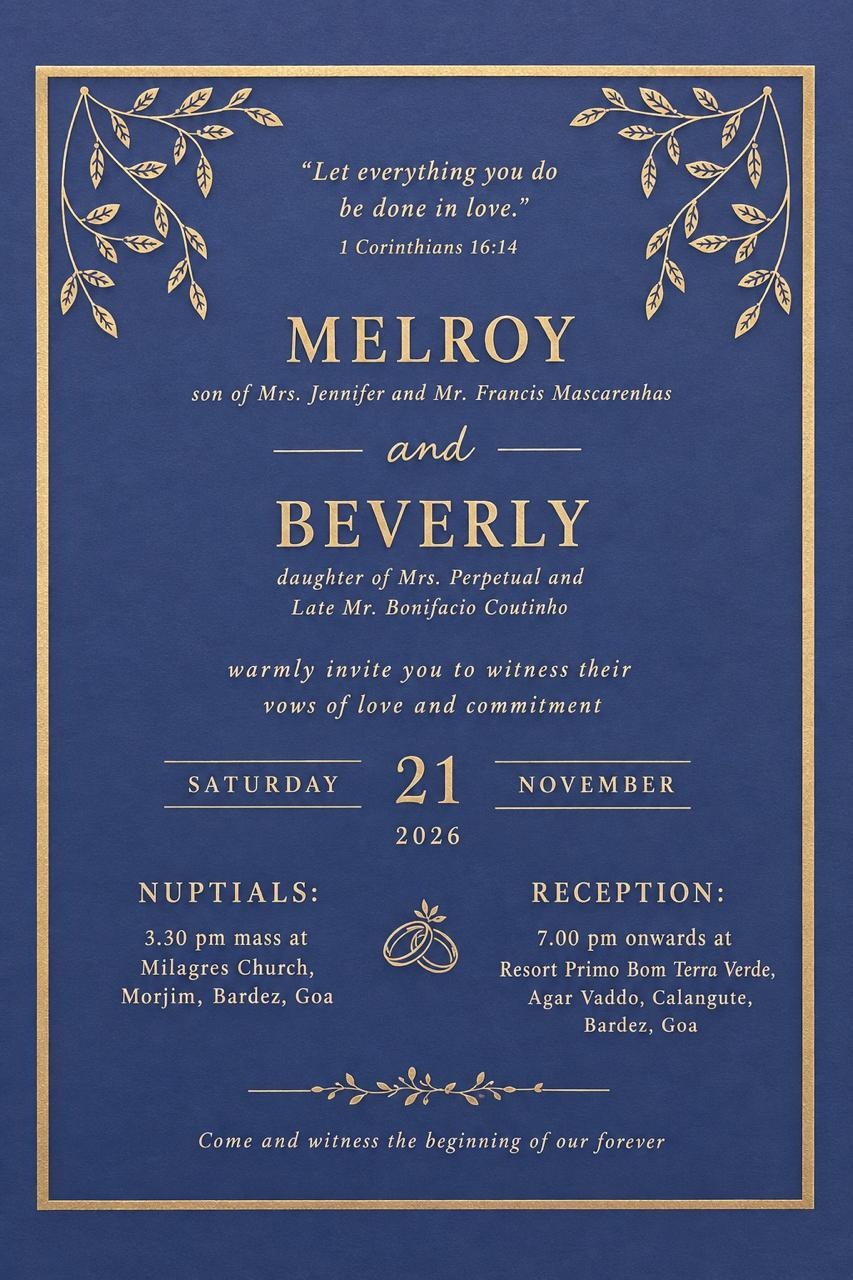 Melroy and Beverly's wedding invitation, fully opened, with date and venue details