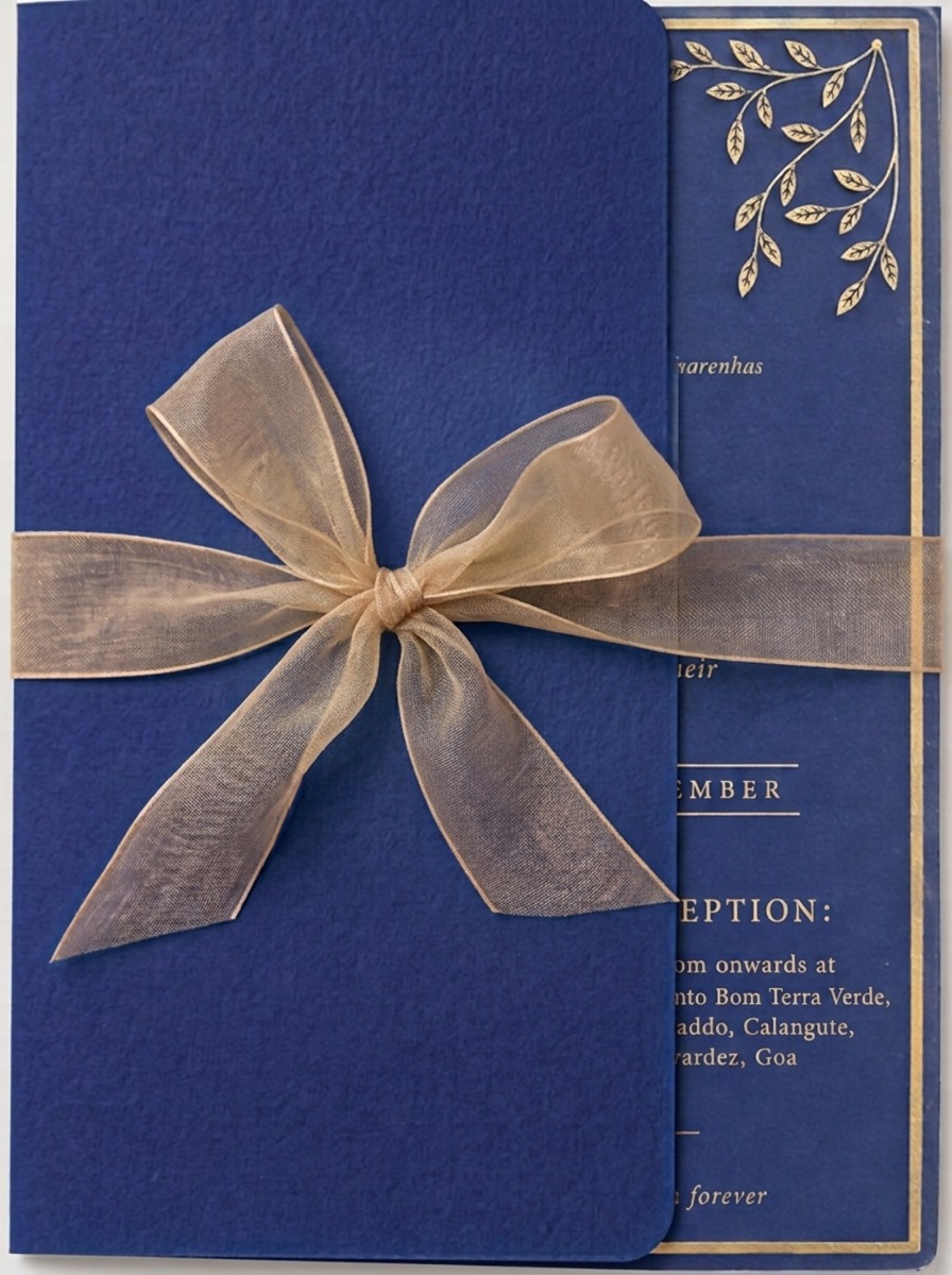 Closed wedding invitation card, tied with a ribbon